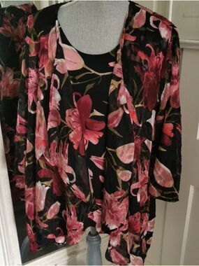 Womens 2 Piece Set TanJay Semi Sheer Chiffon Lilies Open Front Cardigan/ Tank 14